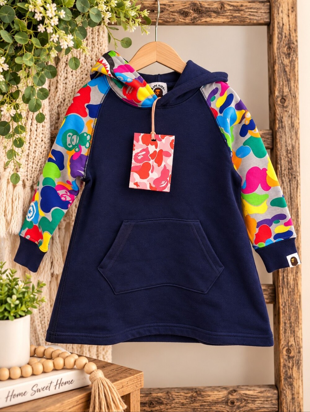 NWT BAPE Kids Navy Multi-Camo Half-Shark Baby Milo Hoodie Dress Size 90
